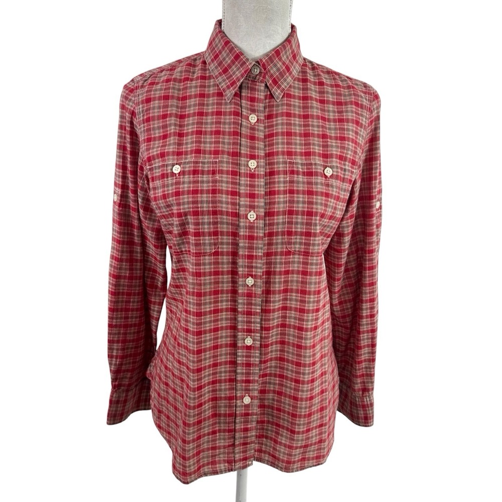 Lauren Ralph Lauren Women's M Fitted Button Up Shirt Red Tan Plaid Lightweight E - Picture 2 of 10